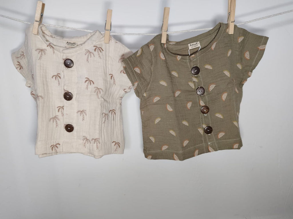 Camisa Infantil de Algodón Orgánico Blanco Roto - Manga Corta Palmeras