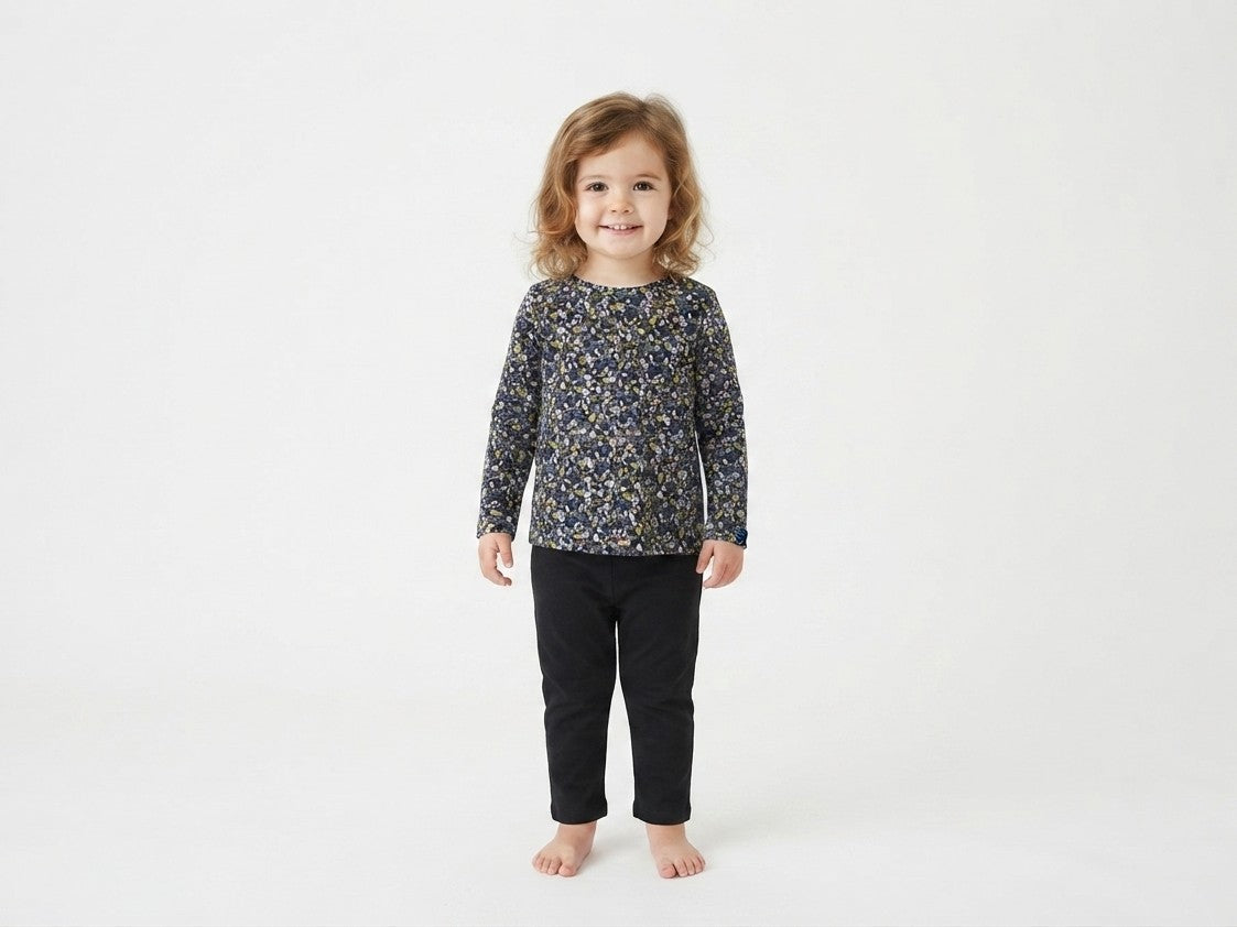 Camiseta Infantil de Algodón Orgánico Azul - Manga Larga de Flores
