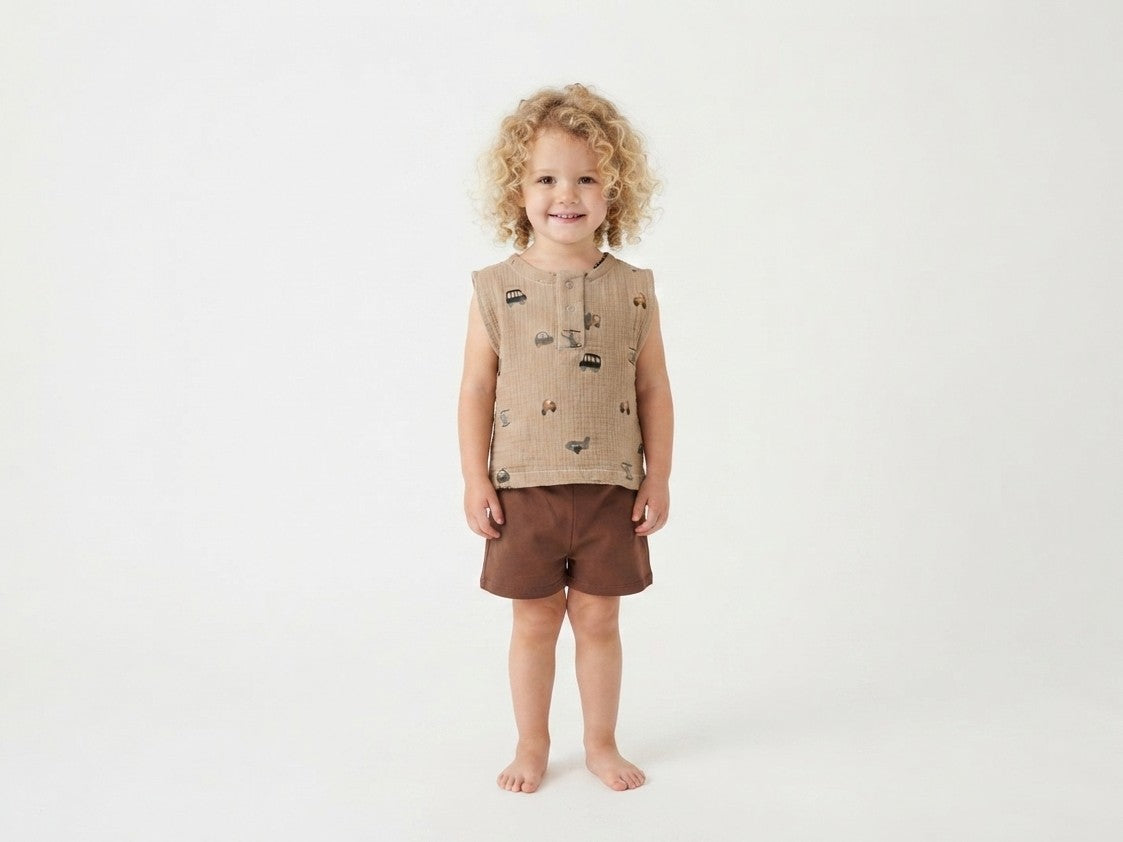 Camiseta  Infantil de Algodón Orgánico Marron - Manga Corta de Vehiculos