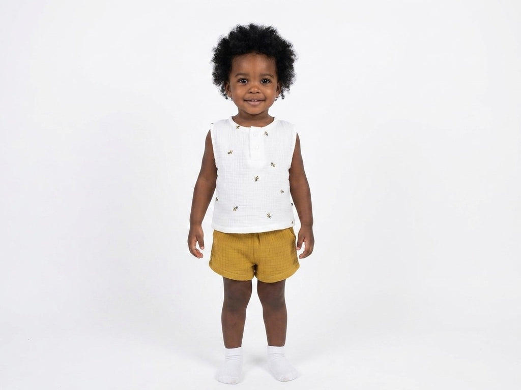 Camiseta Infantil de Algodón Orgánico Blanca - Manga Corta de Abejas