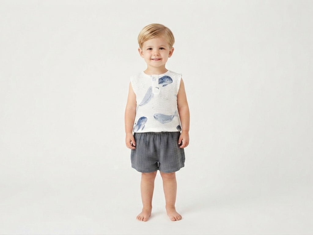 Camiseta  Infantil de Algodón Orgánico Blanca - Manga Corta de Ballenas