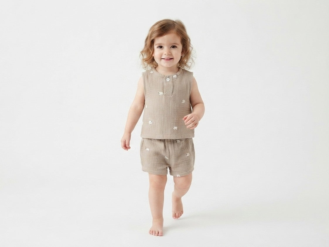 Camiseta  Infantil de Algodón Orgánico Marron - Manga Corta de Ovejas