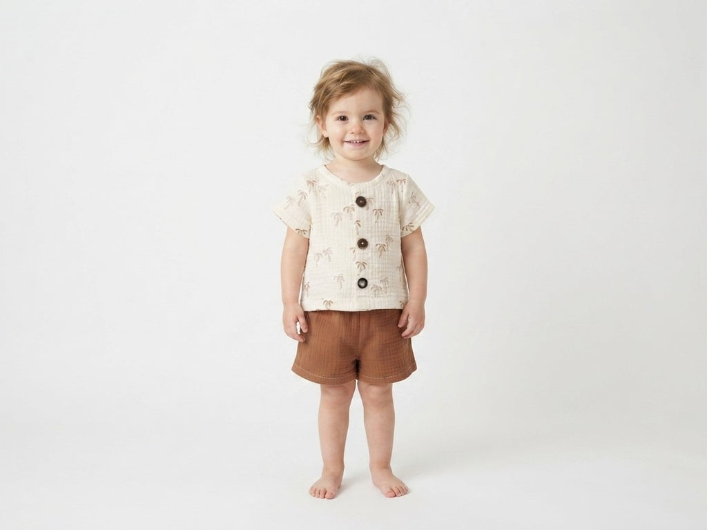 Camisa Infantil de Algodón Orgánico Blanco Roto - Manga Corta Palmeras