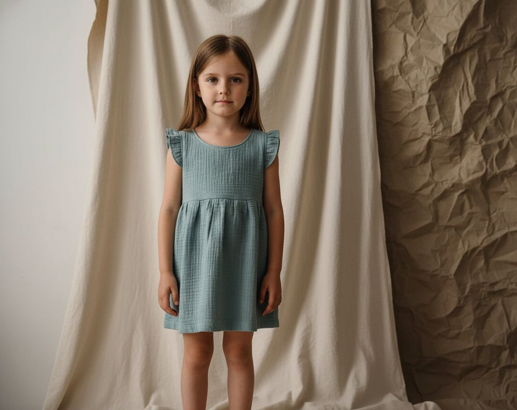 Vestido Infantil de Algodón Orgánico Azul Claro - Manga Corta