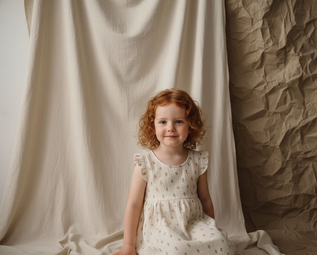 Vestido  Infantil de Algodón Orgánico Blanco Roto de Flores - Manga Corta