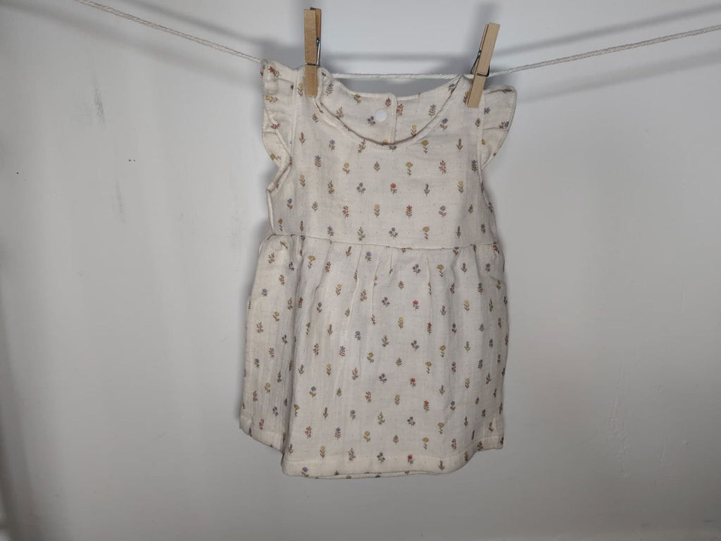 Vestido  Infantil de Algodón Orgánico Blanco Roto de Flores - Manga Corta