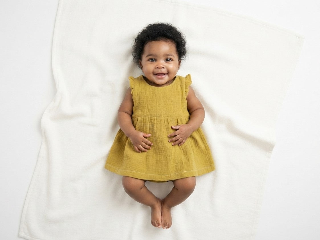 Vestido  Infantil de Algodón Orgánico Amarillo Apagado - Manga Corta