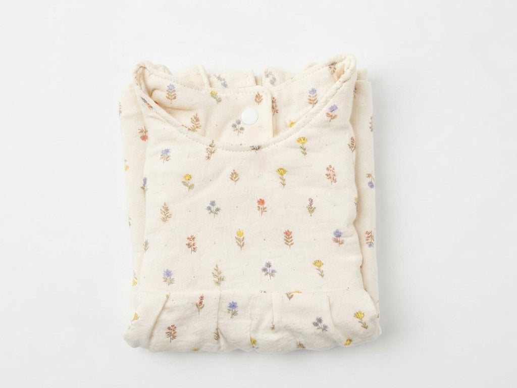 Vestido  Infantil de Algodón Orgánico Blanco Roto de Flores - Manga Corta