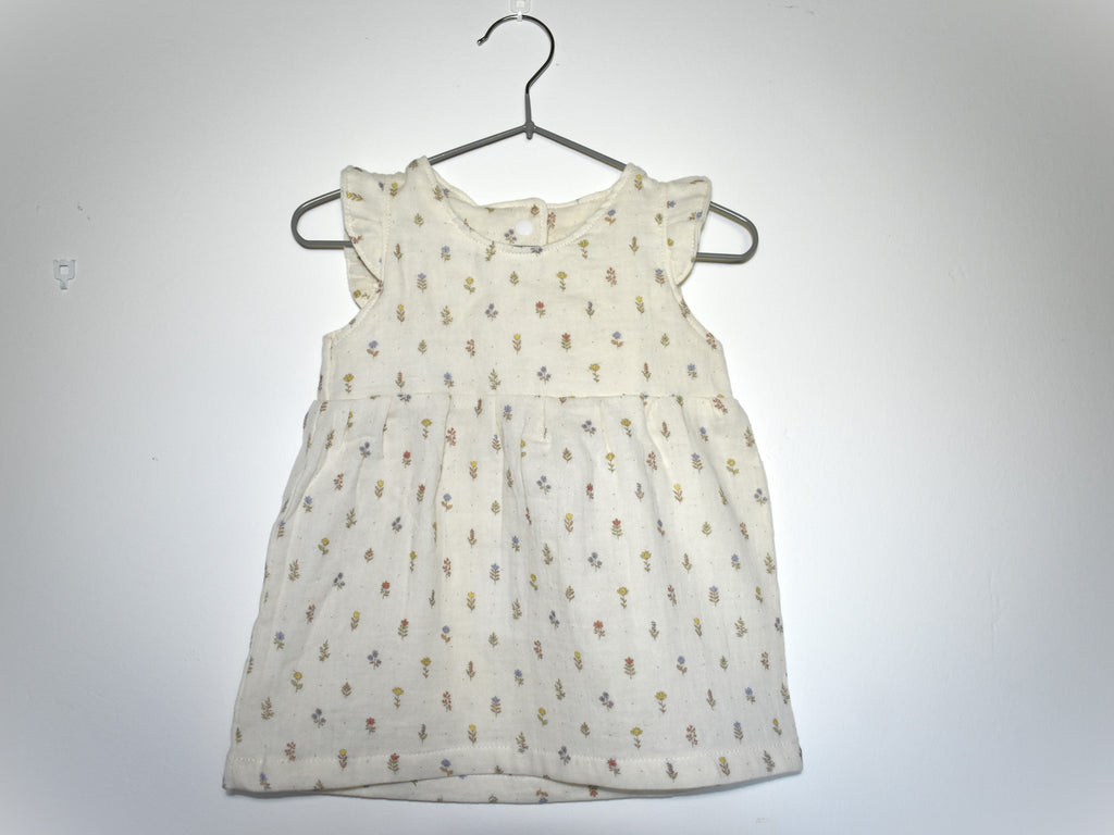 Vestido  Infantil de Algodón Orgánico Blanco Roto de Flores - Manga Corta