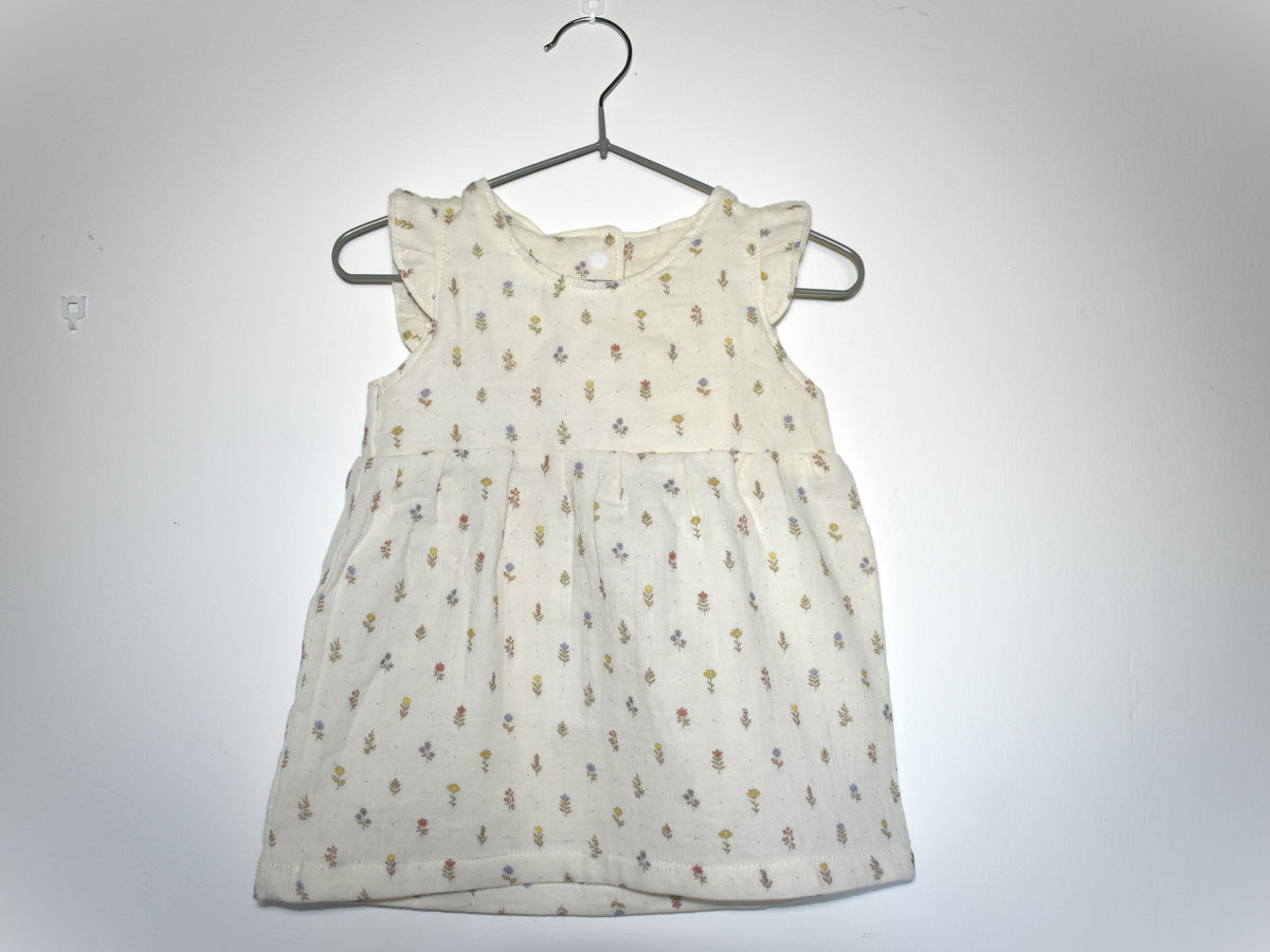 Vestido  Infantil de Algodón Orgánico Blanco Roto de Flores - Manga Corta