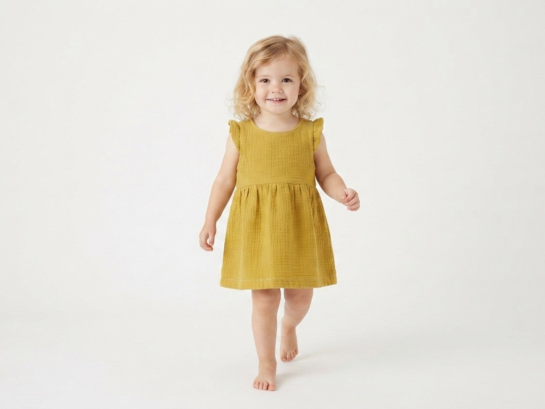 Vestido  Infantil de Algodón Orgánico Amarillo Apagado - Manga Corta