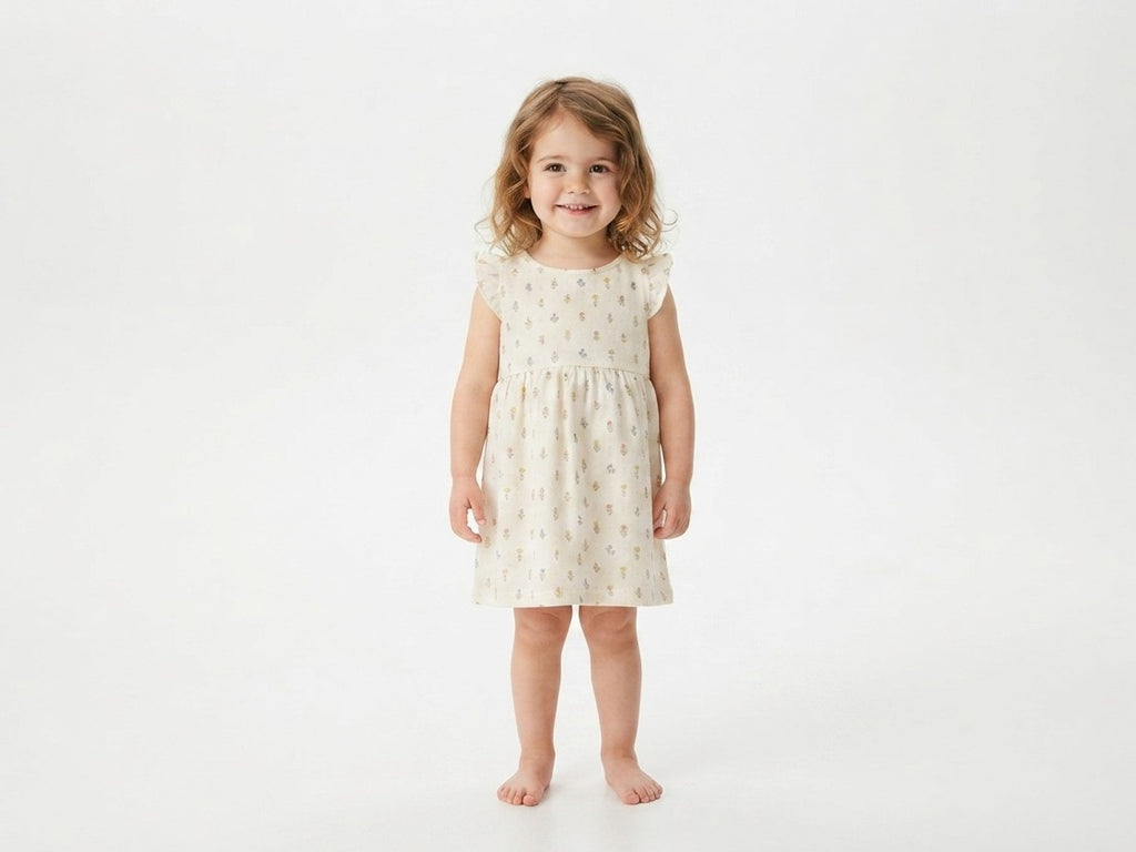 Vestido  Infantil de Algodón Orgánico Blanco Roto de Flores - Manga Corta