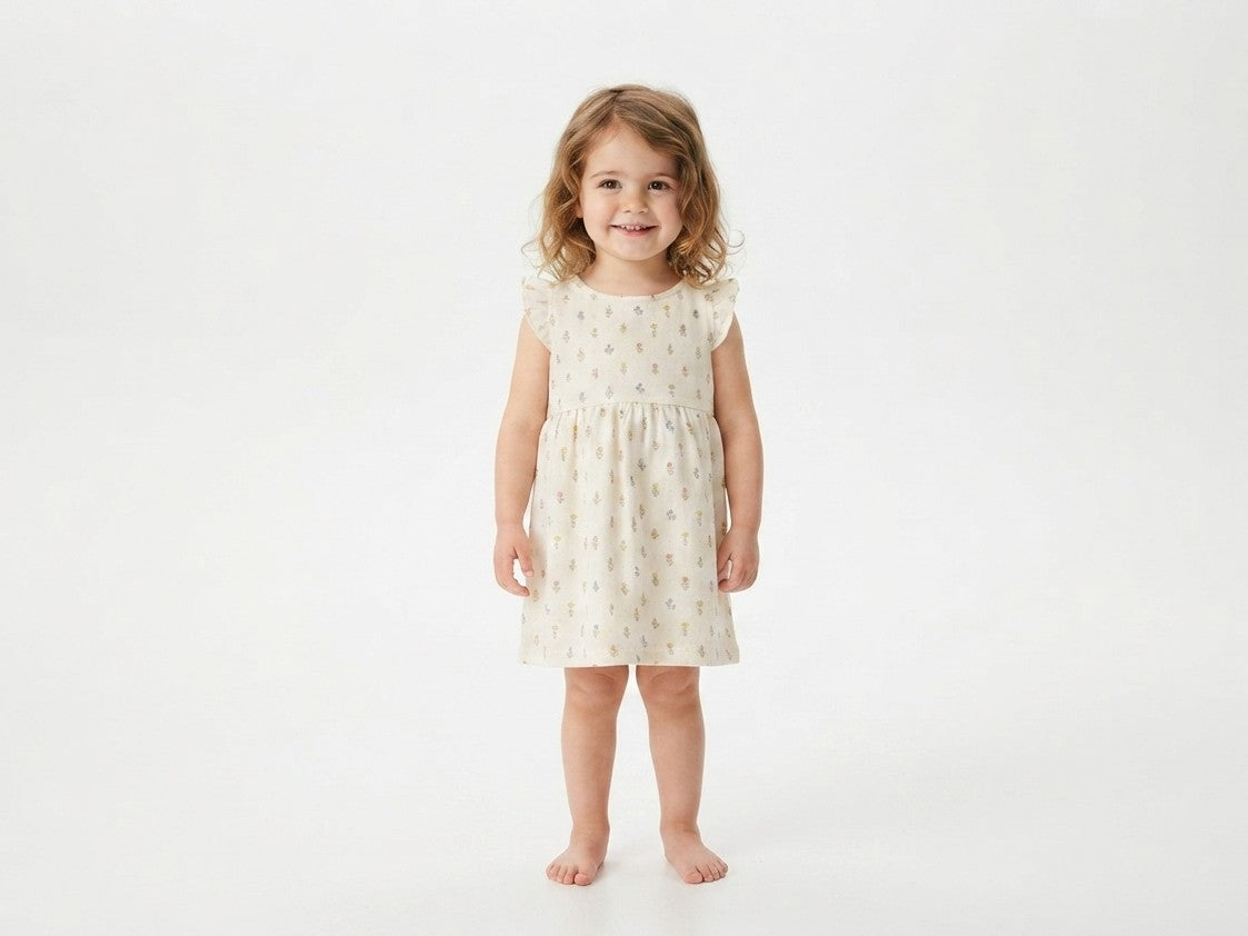 Vestido  Infantil de Algodón Orgánico Blanco Roto de Flores - Manga Corta