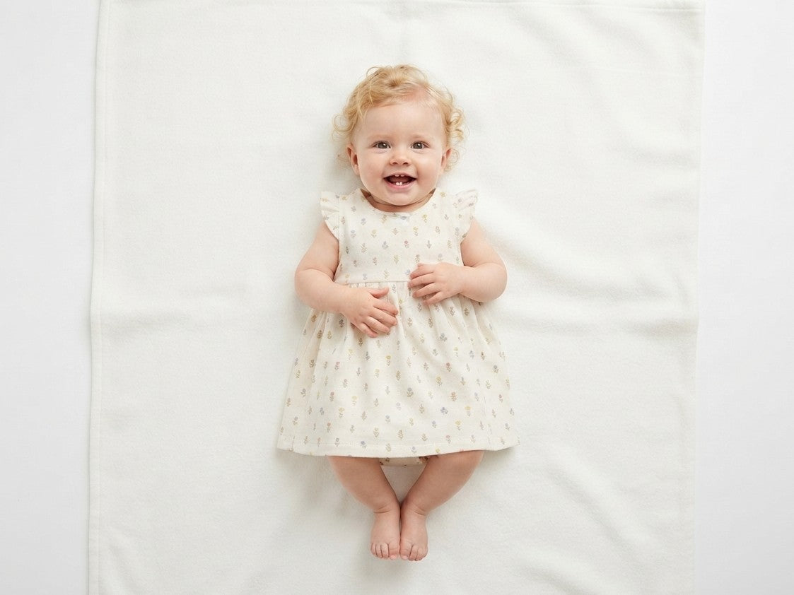 Vestido  Infantil de Algodón Orgánico Blanco Roto de Flores - Manga Corta